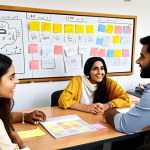 **Prompt:** A diverse team collaborating on a project in a modern office, brainstorming ideas with sticky notes and diagrams on a whiteboard. The atmosphere is energetic and inclusive, reflecting a culture of open communication and embracing different perspectives. Emphasis on Arabic calligraphy or design elements subtly incorporated into the background to enhance the cultural connection.