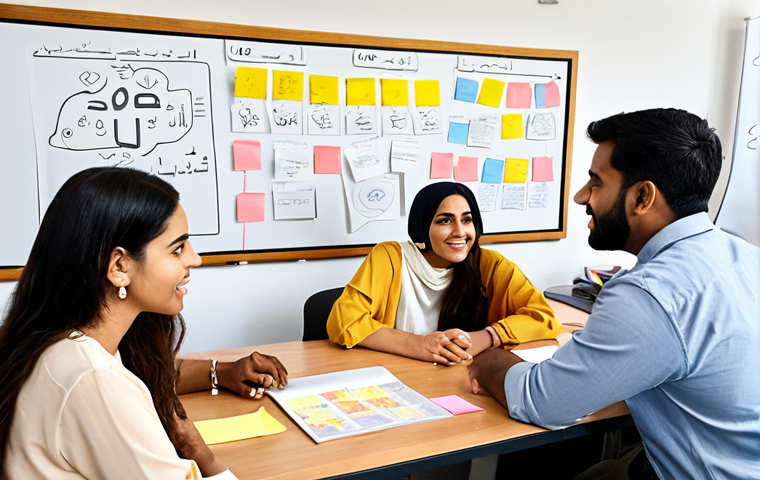 **Prompt:** A diverse team collaborating on a project in a modern office, brainstorming ideas with sticky notes and diagrams on a whiteboard. The atmosphere is energetic and inclusive, reflecting a culture of open communication and embracing different perspectives. Emphasis on Arabic calligraphy or design elements subtly incorporated into the background to enhance the cultural connection.