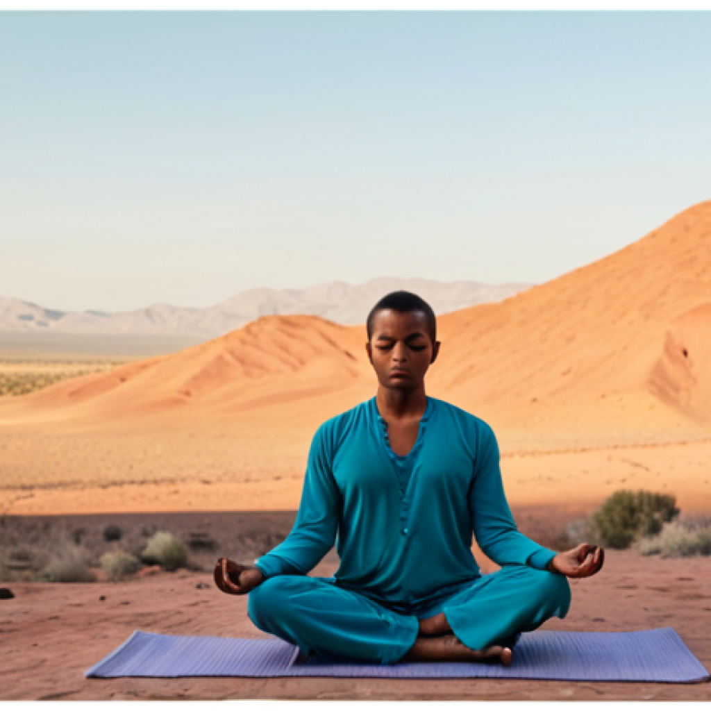 ** A person meditating with the Headspace app interface subtly overlaid, showing calm colors and simple shapes, with a peaceful desert landscape in the background, suggesting inner peace.

**