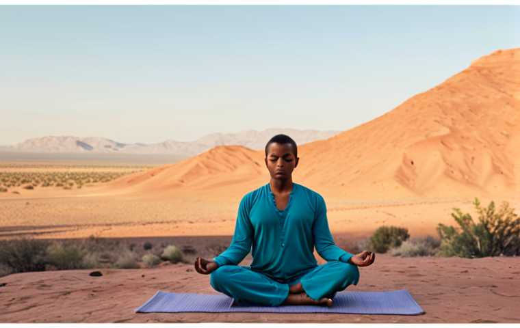 ** A person meditating with the Headspace app interface subtly overlaid, showing calm colors and simple shapes, with a peaceful desert landscape in the background, suggesting inner peace.
**
