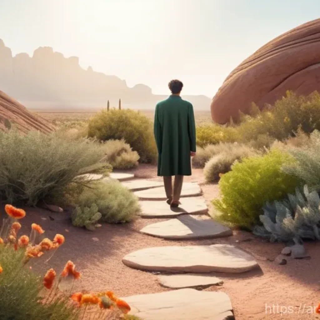 관점 전환을 통한 스트레스 관리 전략 - **Prompt:** A young adult (gender-neutral) stands on a slightly overgrown, winding path, looking tho...