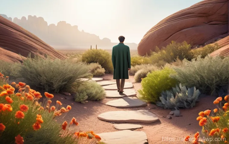 관점 전환을 통한 스트레스 관리 전략 - **Prompt:** A young adult (gender-neutral) stands on a slightly overgrown, winding path, looking tho...