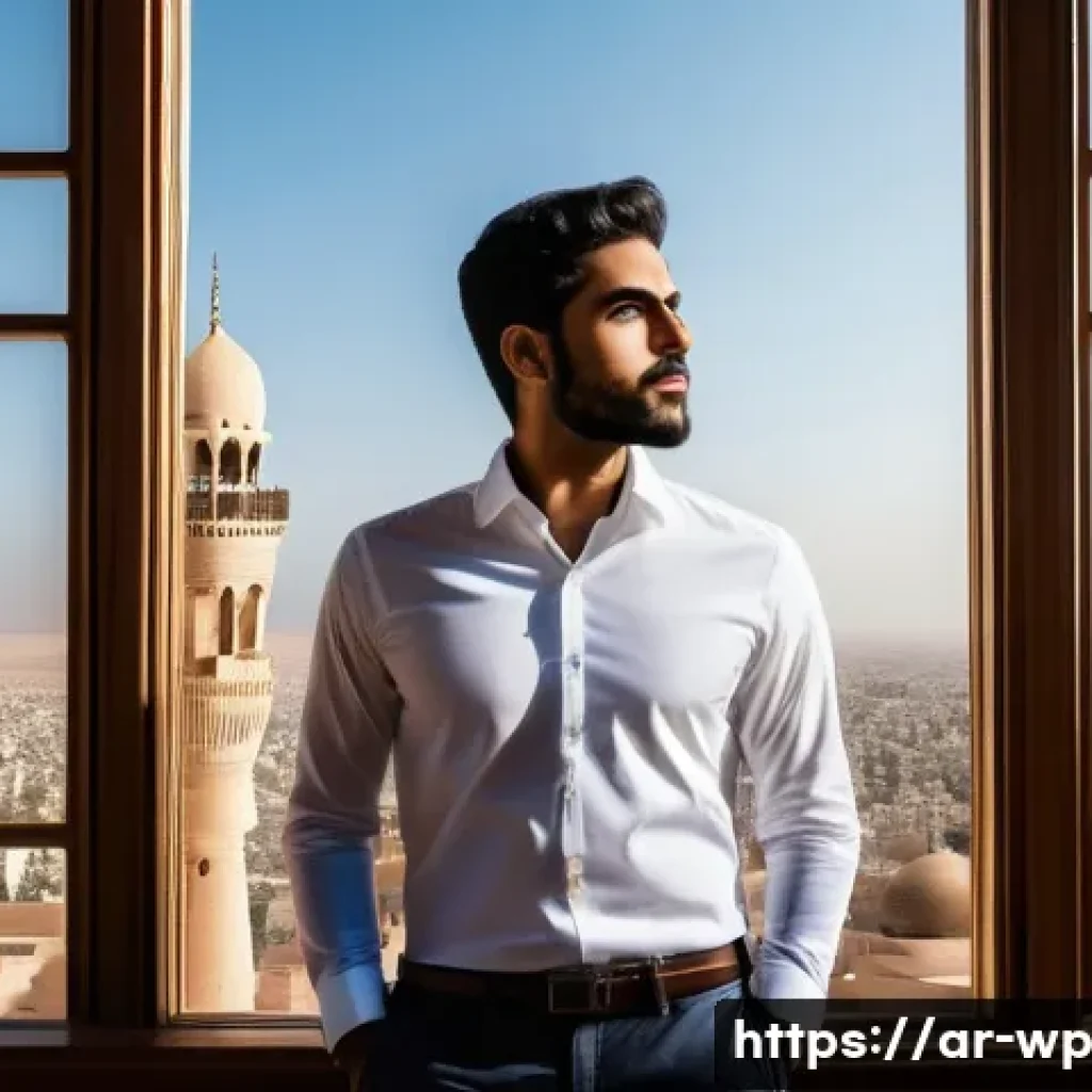 관점 전환의 효과적인 적용 사례 - **Prompt:** A dynamic, wide-angle shot of a young, professional Arab man in smart-casual attire, sta...