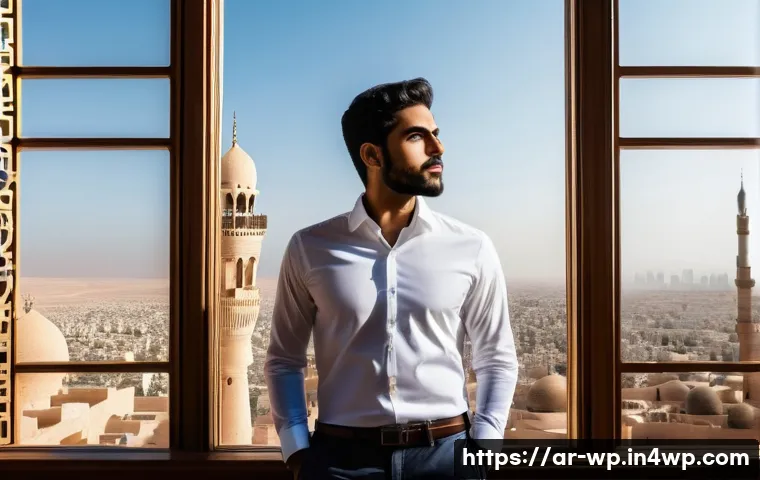 관점 전환의 효과적인 적용 사례 - **Prompt:** A dynamic, wide-angle shot of a young, professional Arab man in smart-casual attire, sta...