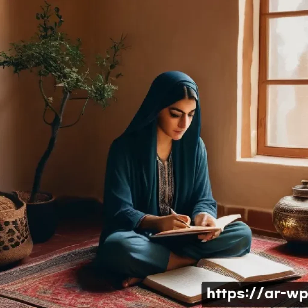 관점 전환 훈련과 자아 존중감의 관계 - A thoughtful Middle Eastern woman sitting cross-legged on a traditional Persian rug in a warmly lit ...