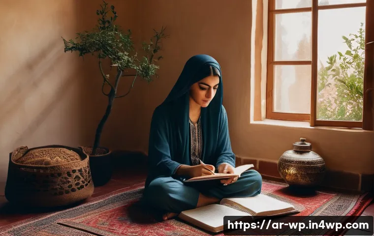 관점 전환 훈련과 자아 존중감의 관계 - A thoughtful Middle Eastern woman sitting cross-legged on a traditional Persian rug in a warmly lit ...