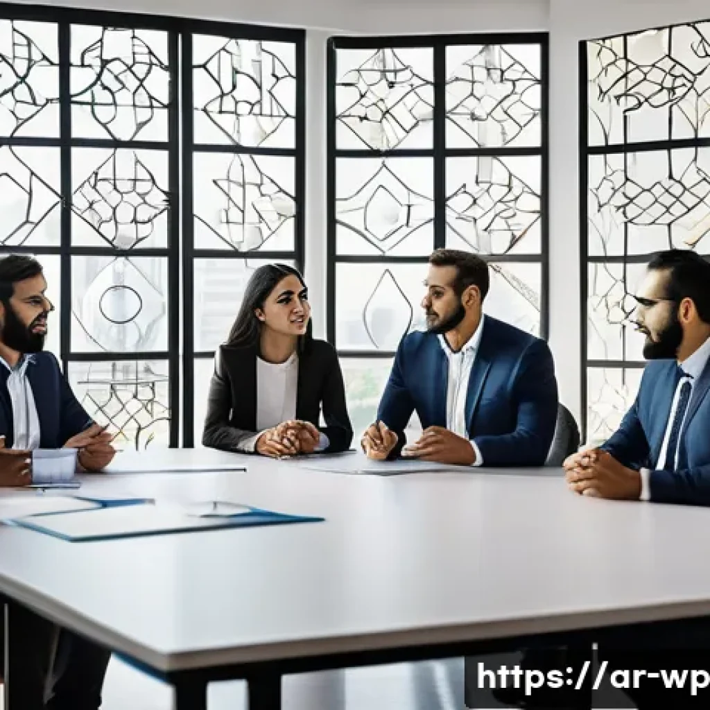 관점 전환의 원리 이해하기 - A diverse group of Arabic-speaking professionals in a modern Middle Eastern office, engaged in a col...