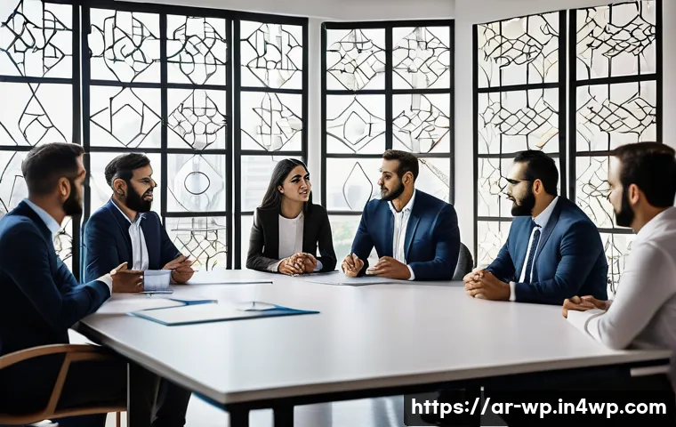 관점 전환의 원리 이해하기 - A diverse group of Arabic-speaking professionals in a modern Middle Eastern office, engaged in a col...