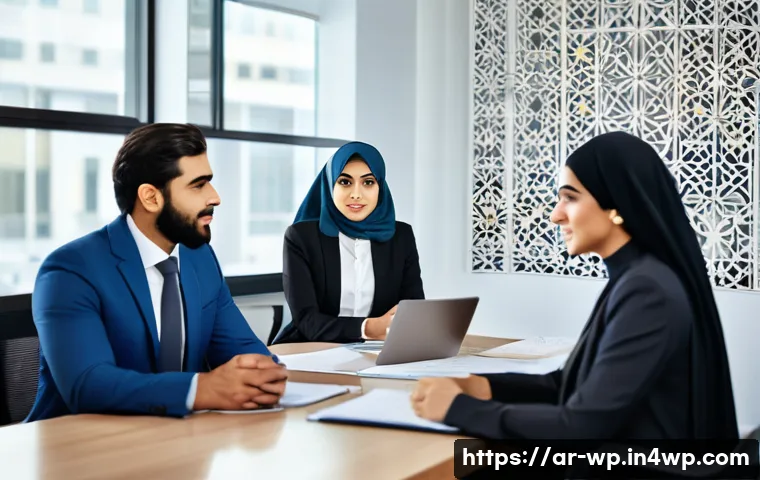 직장에서의 관점 전환 훈련 방법 - A professional office scene featuring a diverse group of Arabic-speaking colleagues engaged in activ...