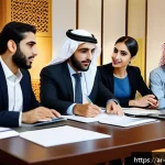 관점 전환 훈련을 위한 피드백 활용 - A professional Middle Eastern office setting showing a diverse team engaged in a constructive feedba...