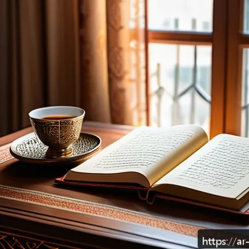 관점 전환 훈련을 위한 나만의 로그북 만들기 - A cozy and elegant Arabic-style journaling setup on a wooden desk near a window with soft natural li...