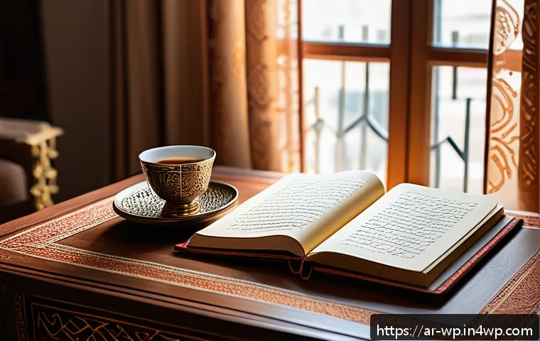 관점 전환 훈련을 위한 나만의 로그북 만들기 - A cozy and elegant Arabic-style journaling setup on a wooden desk near a window with soft natural li...