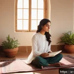 관점 전환 훈련을 위한 매일의 새로운 경험 - A serene Middle Eastern woman sitting cross-legged on a traditional Persian rug inside a sunlit room...