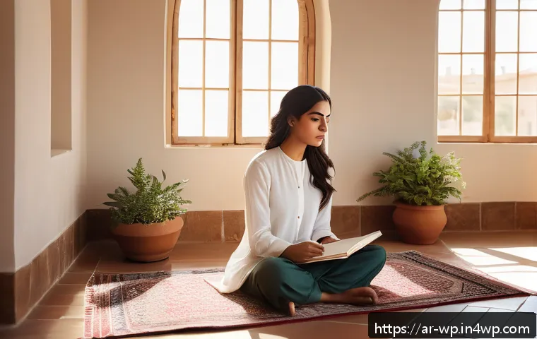 관점 전환 훈련을 위한 매일의 새로운 경험 - A serene Middle Eastern woman sitting cross-legged on a traditional Persian rug inside a sunlit room...
