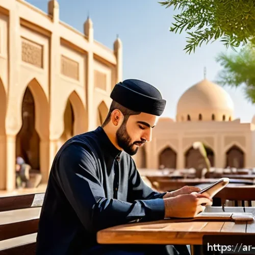 관점 전환 훈련을 위해 필요한 도구 - A serene outdoor caf&eacute; scene in a bustling Middle Eastern city during late afternoon, showing a young...