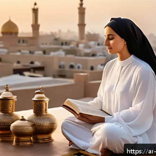 관점 전환 훈련을 위한 지속적인 자기 개발 - A serene Middle Eastern woman practicing morning meditation on a rooftop terrace overlooking a citys...