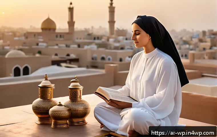 관점 전환 훈련을 위한 지속적인 자기 개발 - A serene Middle Eastern woman practicing morning meditation on a rooftop terrace overlooking a citys...