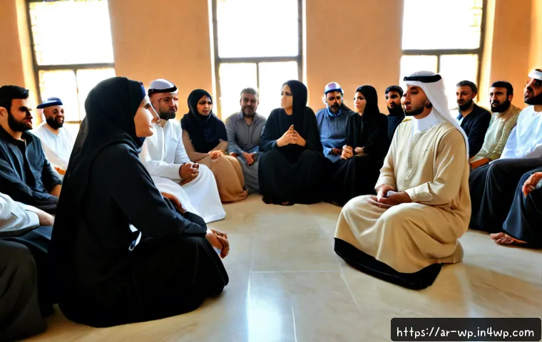 관점 전환의 사회적 의미와 가치 - Photorealistic community discussion in a modern Arab cultural center, a diverse group of adult Arab ...