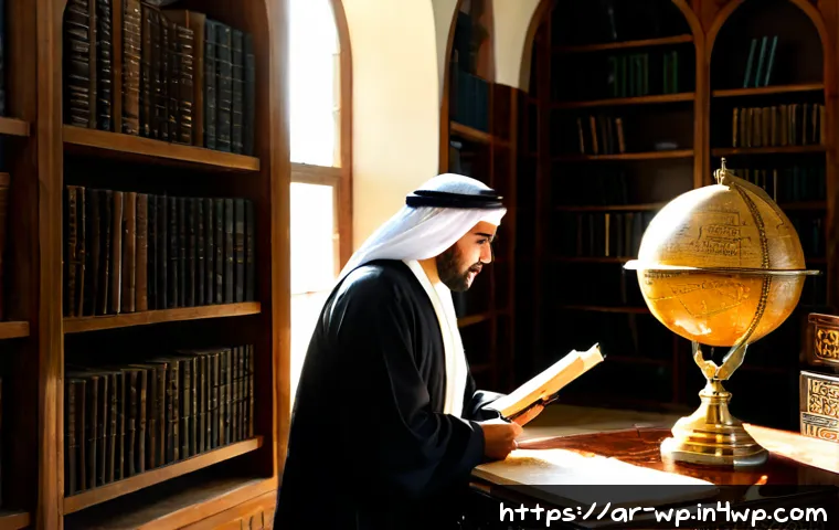 관점 전환의 역사적 사례 - Photorealistic historical scene in a grand 9th-century Baghdad library, an Arab scholar in modest tr...